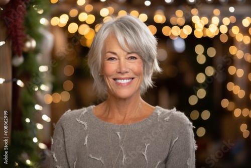 Portrait of happy senior woman with Christmas lights in the background.