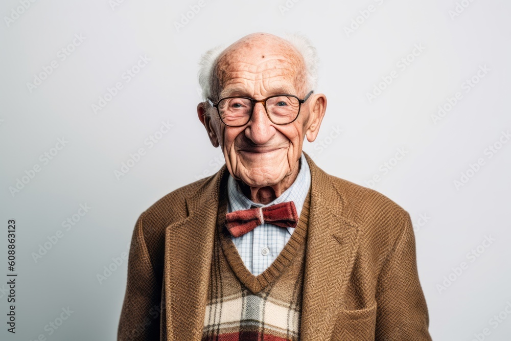 Elderly man with glasses and a bow tie on a white background Elderly man with glasses and a bow tie on a white background