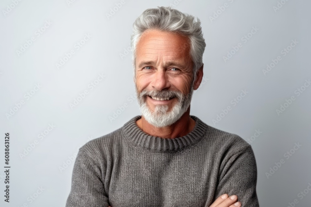 Portrait of a senior man with grey hair and beard on grey background