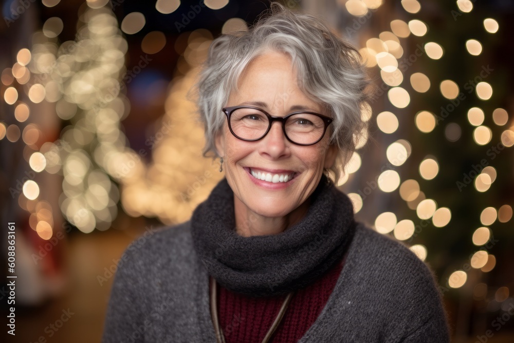 Portrait of a smiling senior woman with glasses on blurred Christmas background Portrait of a smiling senior woman with glasses on blurred Christmas background