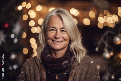 Portrait of smiling senior woman with Christmas tree in the background.