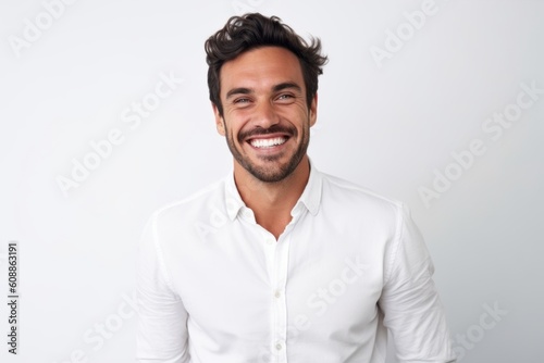 Portrait of a smiling handsome man looking at camera over white background