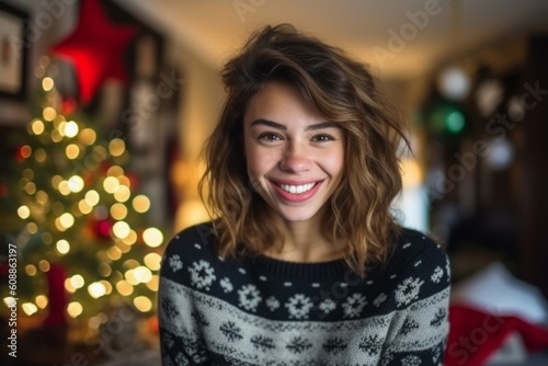 Portrait of a beautiful young woman at home near christmas tree