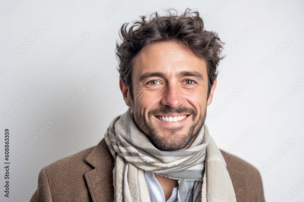 Portrait of a handsome man wearing scarf and coat smiling at the camera