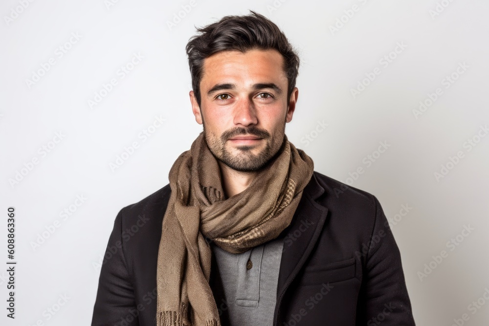 Portrait of a handsome young man wearing scarf and coat on white background Portrait of a handsome young man wearing scarf and coat on white background