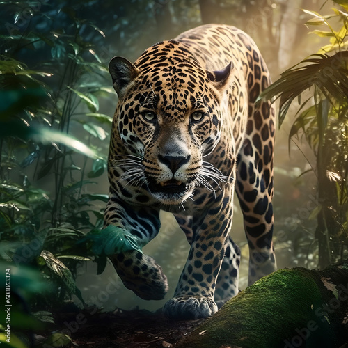 Close up of Amazonian Jaguar strolling through the rainforest.