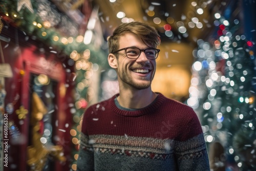 Portrait of handsome man with eyeglasses at christmas market