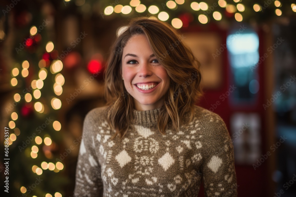 Portrait of smiling young woman standing in front of christmas tree Portrait of smiling young woman standing in front of christmas tree