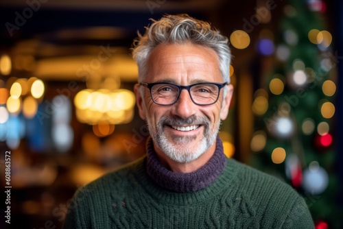 Portrait of handsome senior man with eyeglasses in a pub