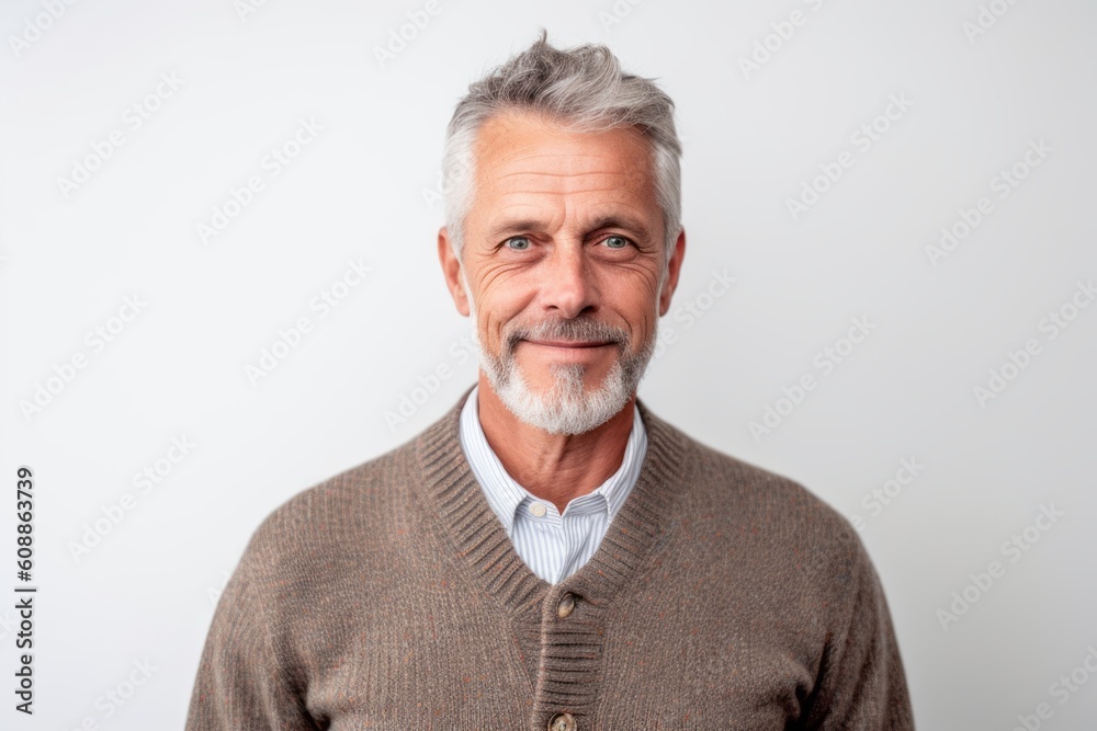 Medium shot portrait photography of a tender man in his 50s that is wearing a chic cardigan against a white background . Generative AI Medium shot portrait photography of a tender man in his 50s that is wearing a chic cardigan against a white background . Generative AI