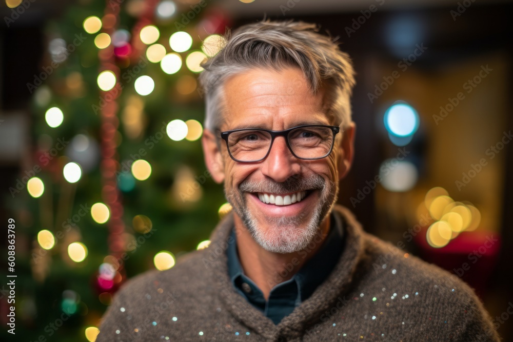 Portrait of happy senior man with glasses in front of christmas tree Portrait of happy senior man with glasses in front of christmas tree