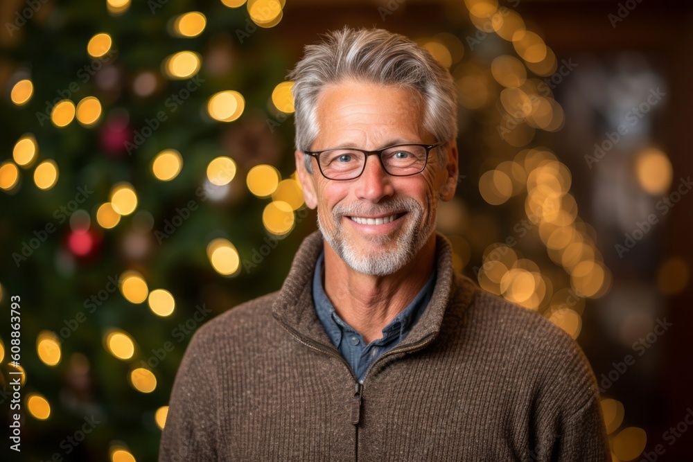 Handsome senior man with glasses over christmas tree background. Handsome senior man with glasses over christmas tree background.