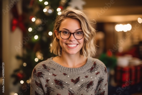 Portrait of smiling woman in eyeglasses looking at camera at home