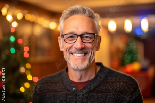 Portrait of a senior man with glasses against blurred christmas lights