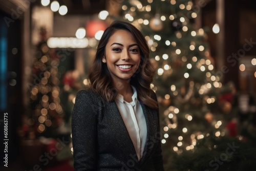 Lifestyle portrait photography of a satisfied woman in her 30s that is wearing a sleek suit against a christmas or holiday themed background . Generative AI