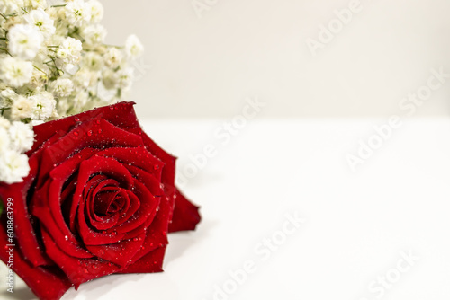 wet red rose with baby's breath on white table (ID: 608863799)