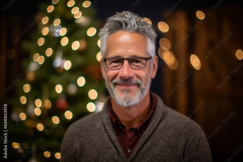 Portrait of senior man with eyeglasses against christmas tree