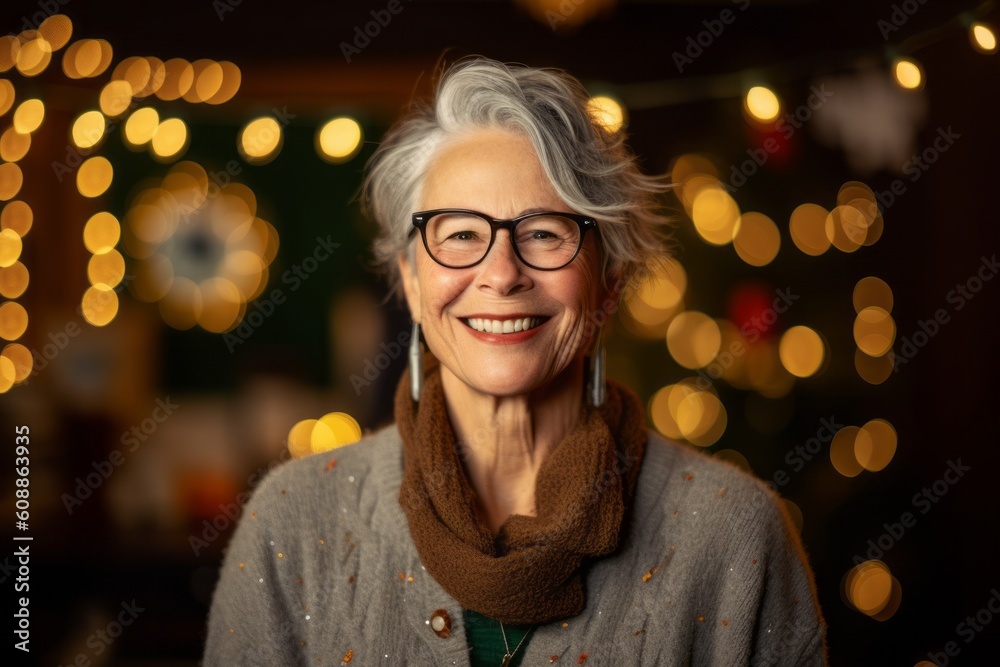 Portrait of a smiling senior woman with glasses on the background of Christmas lights