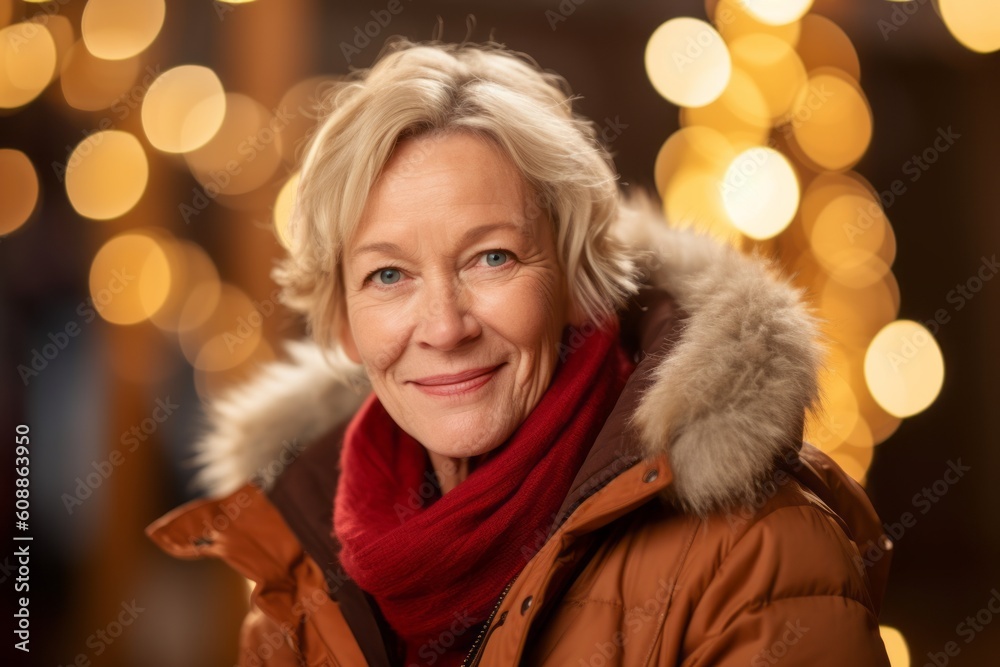 senior woman in winter clothes over bokeh lights background.