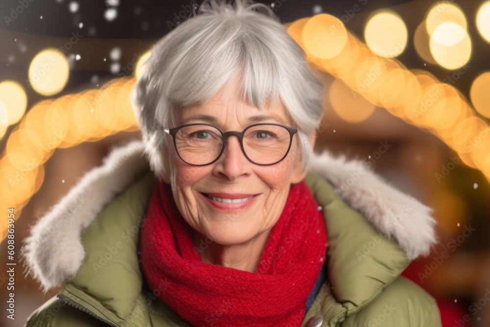smiling senior woman with winter clothes over bokeh lights background smiling senior woman with winter clothes over bokeh lights background