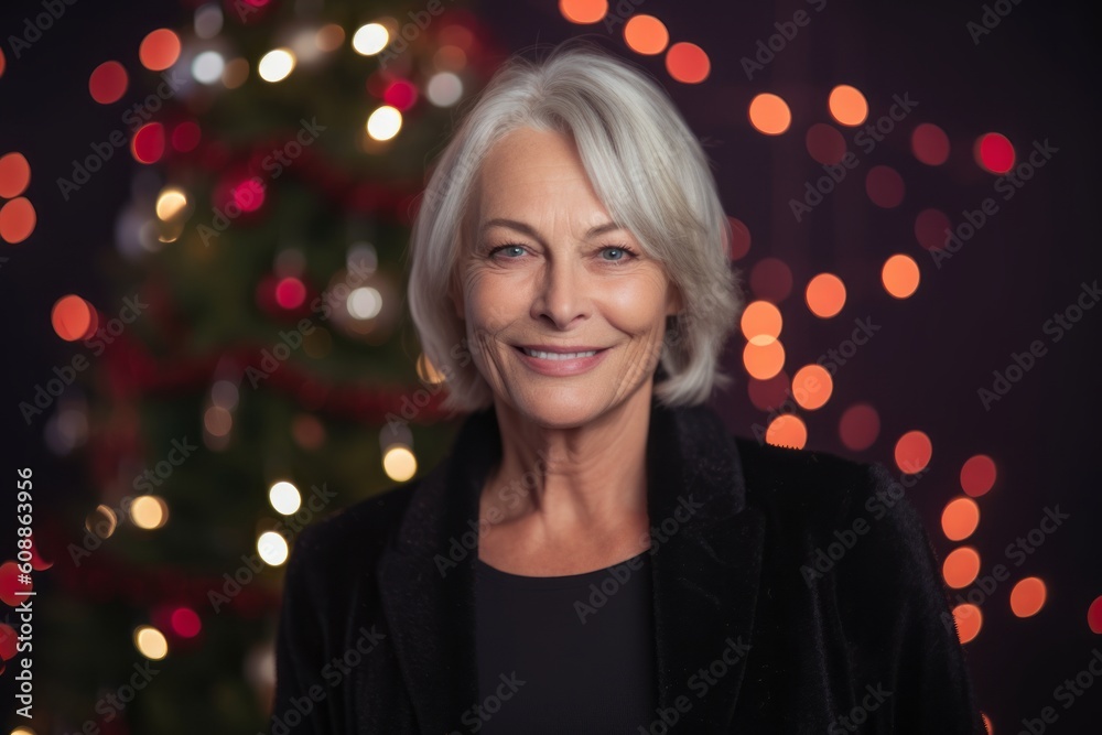 Portrait of beautiful senior woman with Christmas tree in the background.