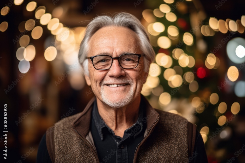 Portrait of a senior man with eyeglasses against blurred christmas lights Portrait of a senior man with eyeglasses against blurred christmas lights