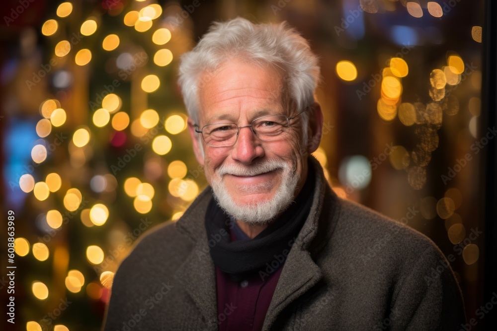 Portrait of a senior man with glasses in front of a Christmas tree Portrait of a senior man with glasses in front of a Christmas tree
