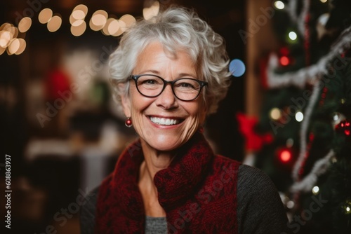 Portrait of smiling senior woman in eyeglasses at christmas