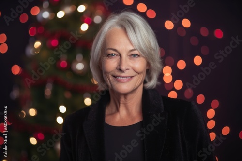 Portrait of beautiful senior woman with Christmas tree in the background. © Leon Waltz