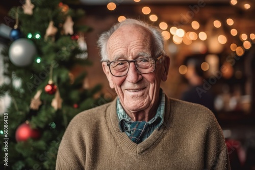 Portrait of happy senior man with Christmas tree in background at home