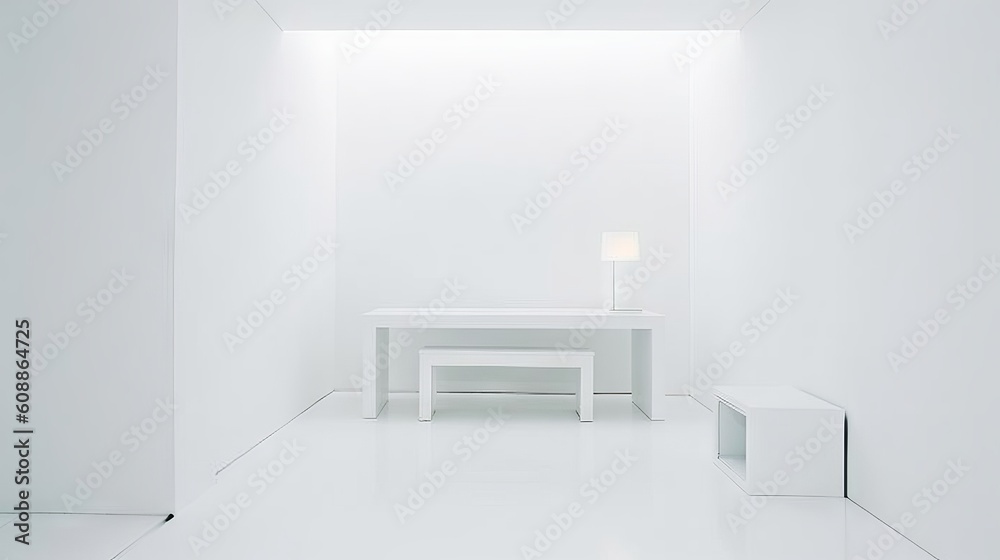 Fototapeta premium A white room with a white table. Generative AI. 