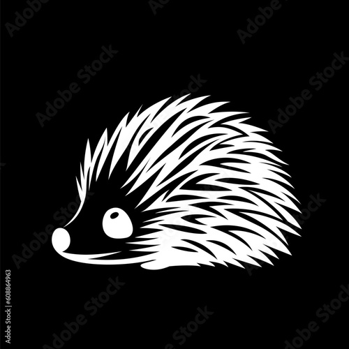 Cartoon silhouetted hedgehog logo on a black background, featuring a white hedgehog in the style of characterized animals