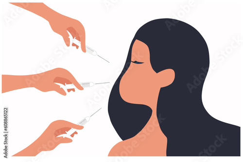 Doctor in medical gloves with syringe injects fillers and botox for rejuvenating wrinkle and anti aging non surgical mesotherapy treatment for face vector illustration
