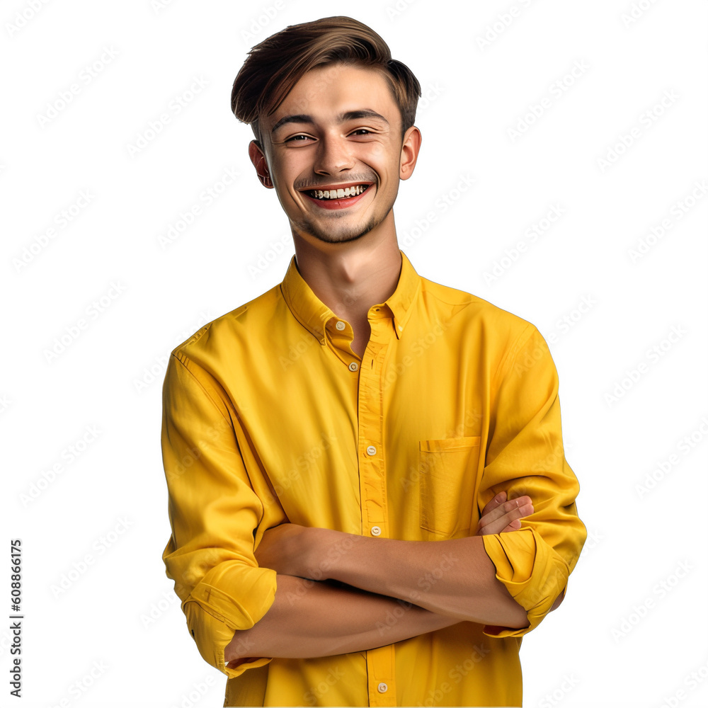 A teenager boy in a yellow shirt with his arms crossed on a transparent background png isolated Generative Ai