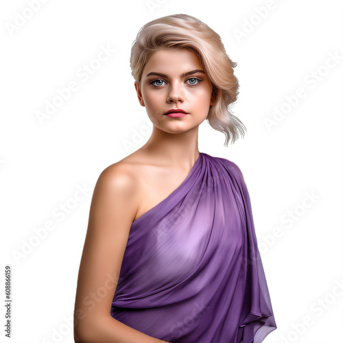 A blonde young woman in a purple dress on a transparent background png isolatedGenerative Ai photo