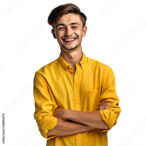 A teenager boy in a yellow shirt with his arms crossed on a transparent background png isolated Generative Ai