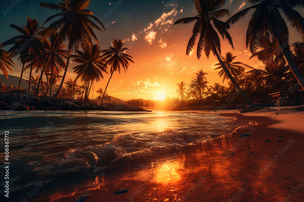 Beach with Palm Trees and a Sunset in the Background. Generative AI