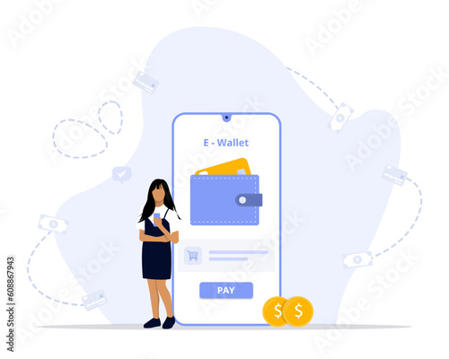 E-wallet concept illustration. Suitable for landing page, ui, web, App intro card, editorial, flyer, and banner.