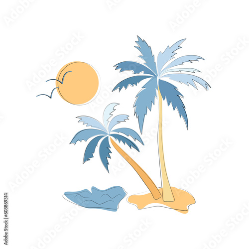 Beach holiday scene. Summertime. The palm trees logo poster. Birds and sun onthe ocean view 