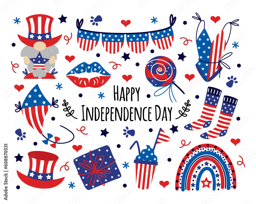 Obraz premium America Independence Day vector set. Symbol of liberty - patriotic gnome, USA flag swimsuit, rainbow, gift, kite, garland. National holiday July 4th, summer event. Flat cartoon clipart for print, web