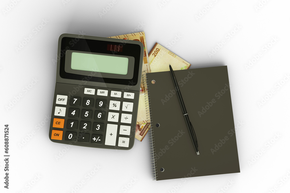 3D rendering of an isolated composition of Bolivian boliviano notes, a calculator, a note book and a pen
3D rendering of an isolated composition of Bolivian boliviano notes, a calculator, a note book and a pen