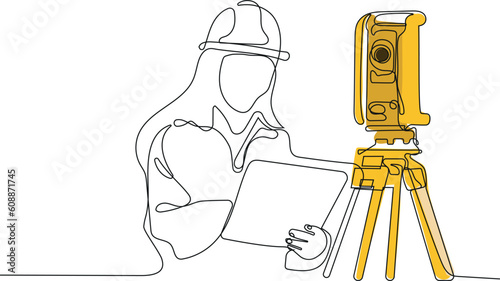 Close up of Caucasian worker with helmet on head using tablet for work while standing in warehouse. Surveyor with a tripod icon. Geodesic tripod. Vector illustration