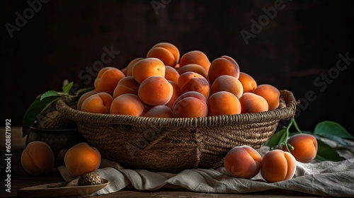 a bunch of fresh orange apricot fruits in a bamboo basket with blur background