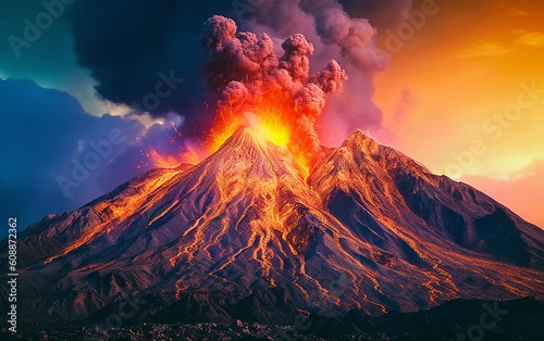 Volcanic eruptions, Spectacular details and vivid colors in imaginary illustrations with atmospheric settings and dramatic compositions. Generative AI