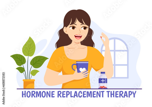 HRT or Hormone Replacement Therapy Acronym Vector Illustration with Treatment and Hormone Medication in Healthcare Cartoon Hand Drawn Templates