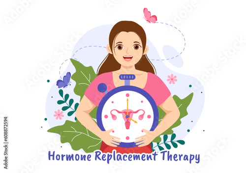HRT or Hormone Replacement Therapy Acronym Vector Illustration with Treatment and Hormone Medication in Healthcare Cartoon Hand Drawn Templates