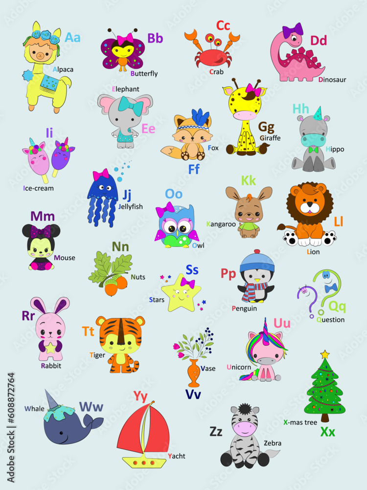 Zoo alphabet. Animal alphabet. Letters from A to Z. Cartoon cute animals isolated on the background. Different cartoon characters animals
Zoo alphabet. Animal alphabet. Letters from A to Z. Cartoon cute animals isolated on the background. Different cartoon characters animals