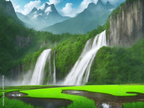 Green rice field beautiful nature  Generative AI Illustration.