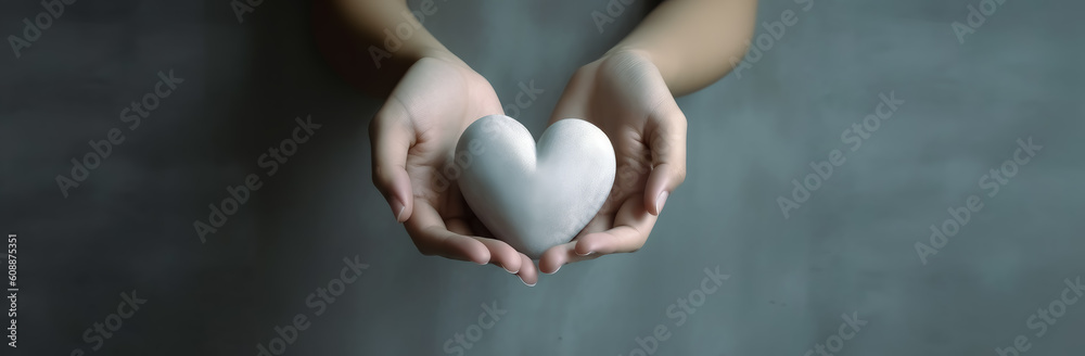Young woman holding a heart with two hands. Generative Ai. Young woman holding a heart with two hands. Generative Ai.