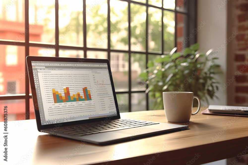 laptop next to a window with charts on it next to a cup of coffee, work from home